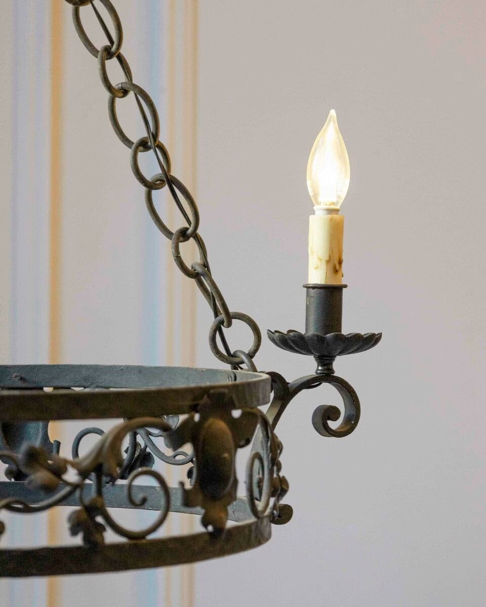 20th-Century French Wrought Iron Chandelier with Foliate Crown - JAA