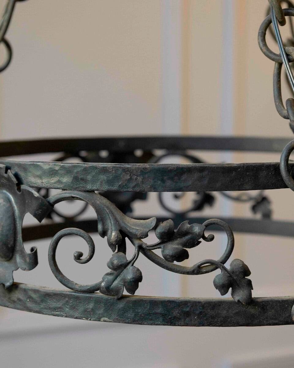 20th-Century French Wrought Iron Chandelier with Foliate Crown - JAA