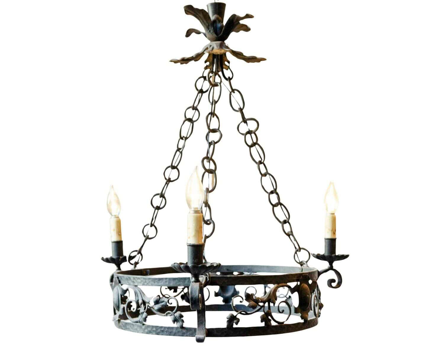 20th-Century French Wrought Iron Chandelier with Foliate Crown