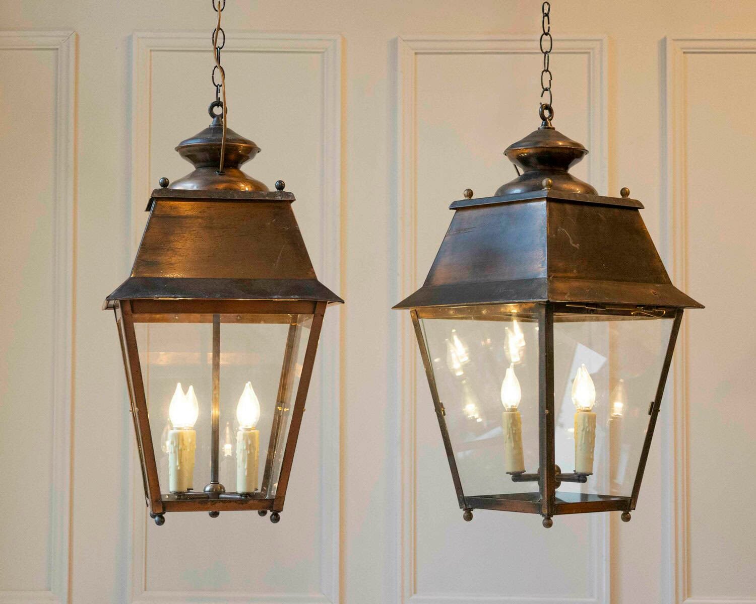 Pair of Early 20th-Century French Copper Hanging Lanterns - JAA