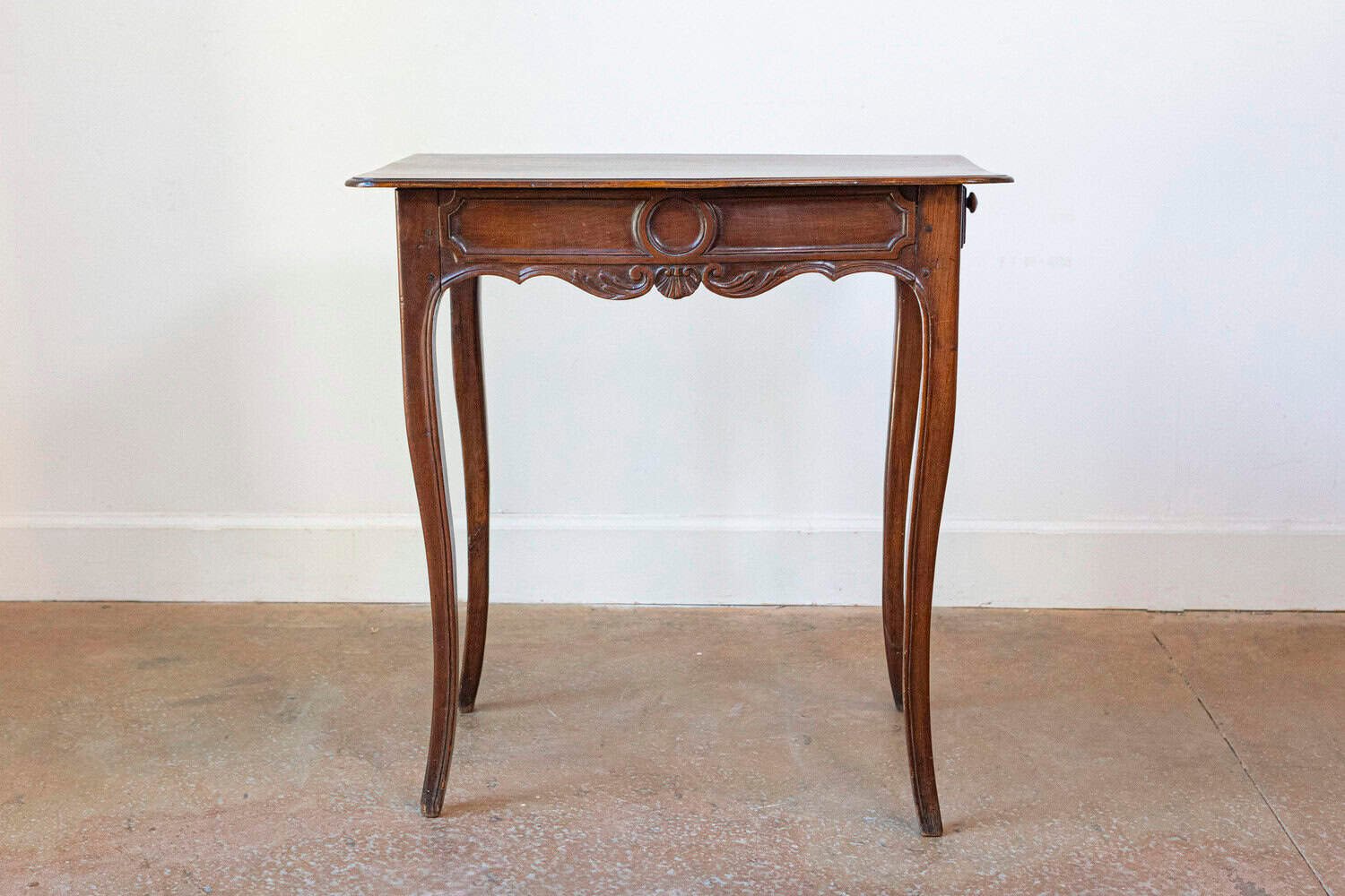 French 1790s Walnut Side Table with Side Drawer, Curving Legs and Carved Apron - JAA