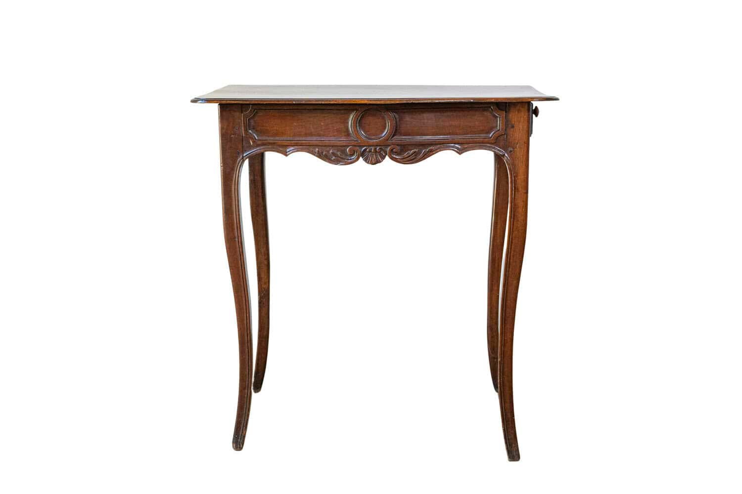 French 1790s Walnut Side Table with Side Drawer, Curving Legs and Carved Apron - JAA