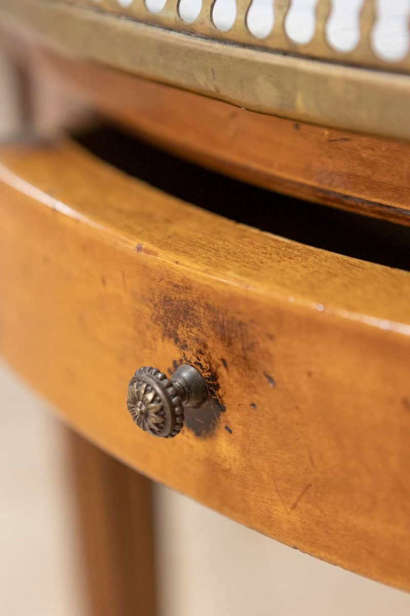 French Louis XVI Style Walnut Bouillotte Table with Marble Top and Brass Gallery - JAA