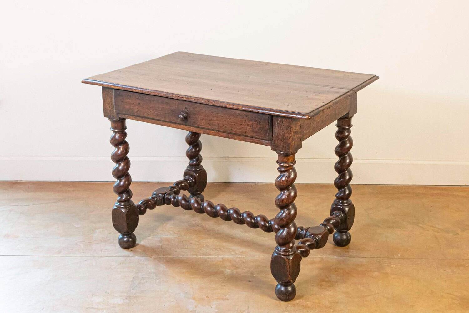 17TH Century French Walnut Side Table with Single Drawer and Barley-Twist Base - JAA