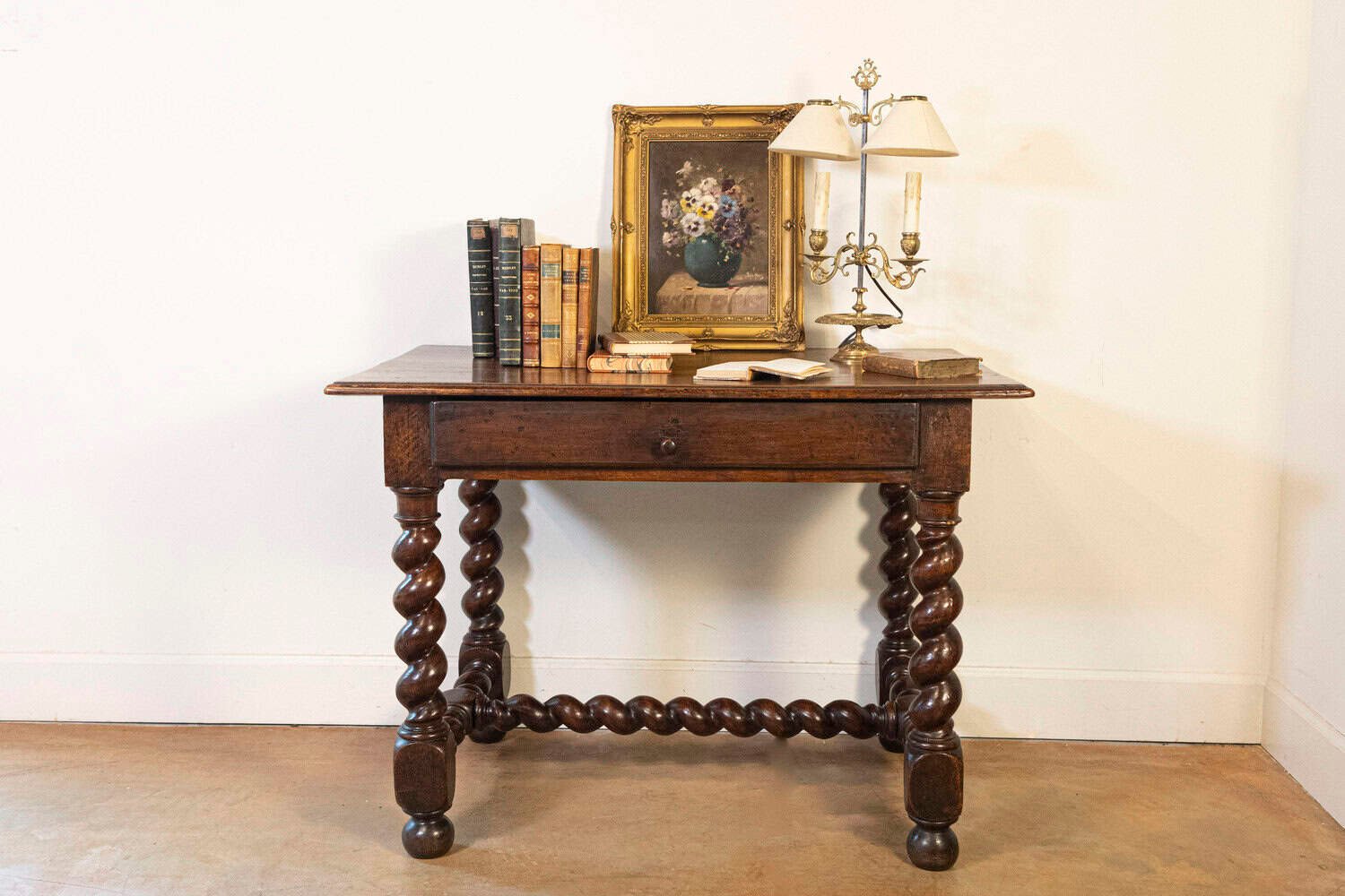 17TH Century French Walnut Side Table with Single Drawer and Barley-Twist Base - JAA