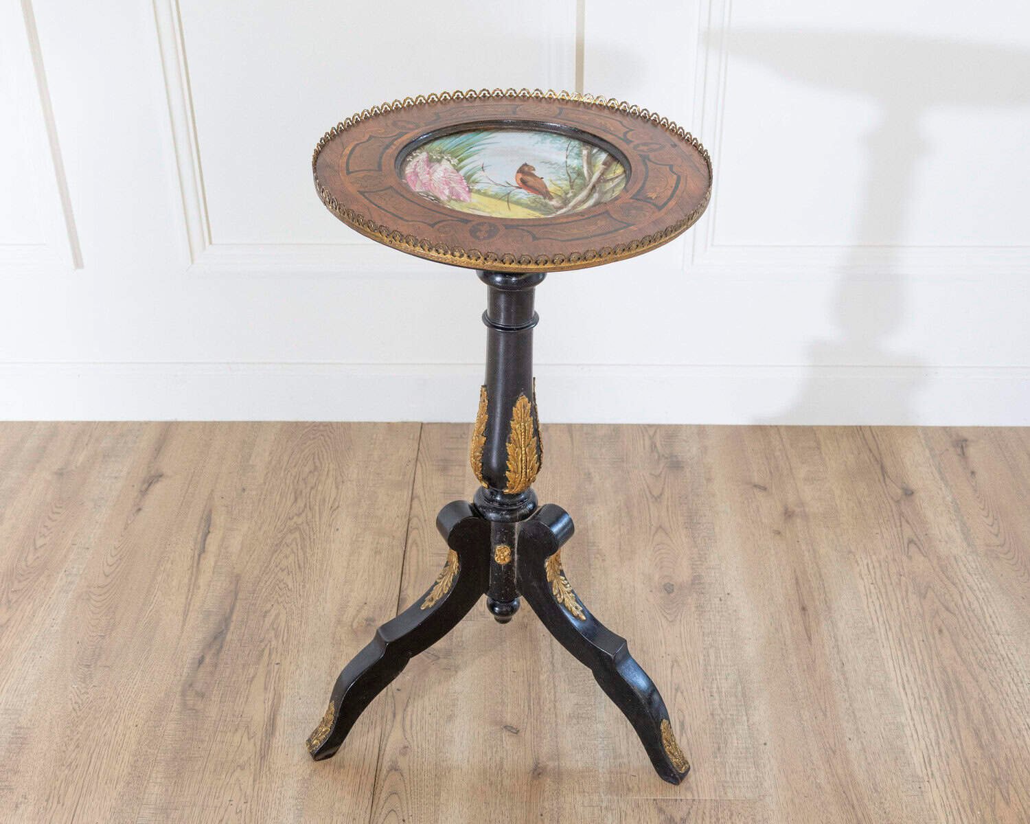 French 19th Century Napoleon III Pedestal Table with Marquetry and Painted Earthenware Basin - JAA