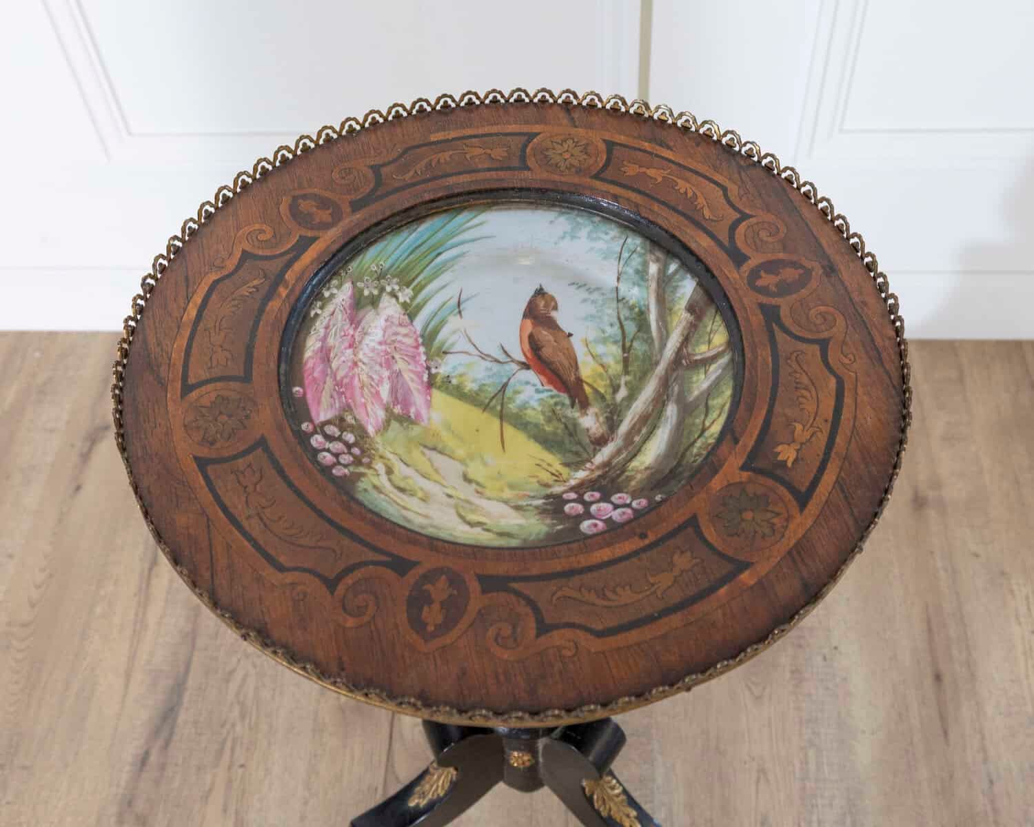 French 19th Century Napoleon III Pedestal Table with Marquetry and Painted Earthenware Basin - JAA