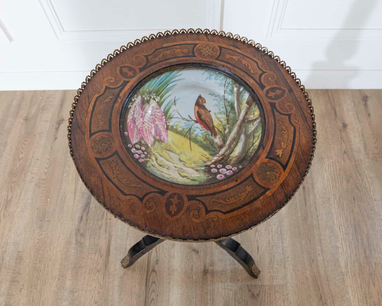 French 19th Century Napoleon III Pedestal Table with Marquetry and Painted Earthenware Basin - JAA