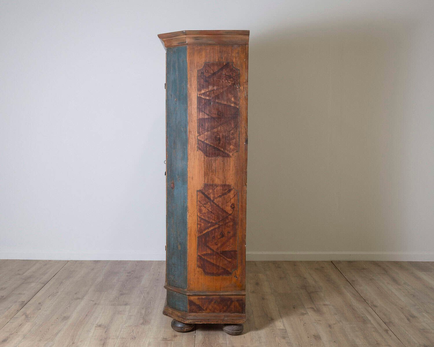 Alpine 19th Century Blue Painted Wardrobe with Hand-Painted Floral Cartouches and Original Hardware - JAA