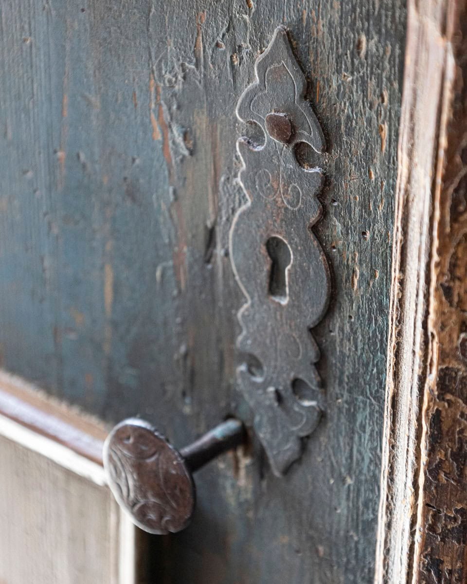 Alpine 19th Century Blue Painted Wardrobe with Hand-Painted Floral Cartouches and Original Hardware - JAA
