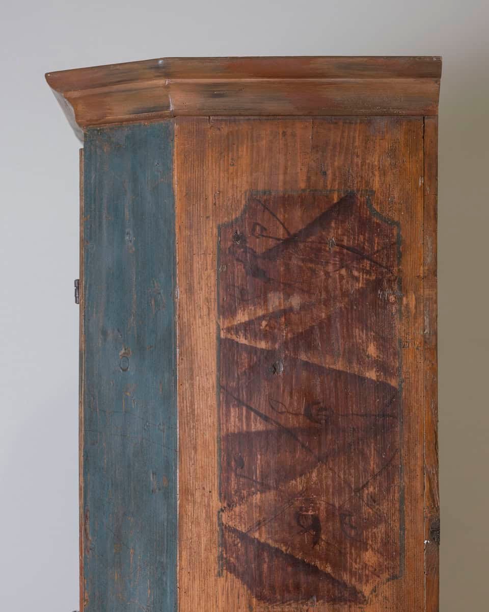 Alpine 19th Century Blue Painted Wardrobe with Hand-Painted Floral Cartouches and Original Hardware - JAA