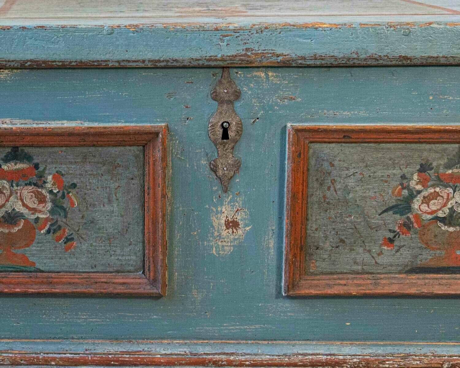 Alpine Early 19th Century Blue-Painted Fir Chest with Floral Vase Panels and Bun Feet - JAA