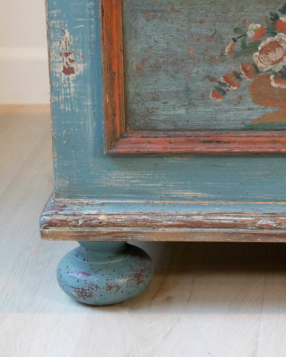 Alpine Early 19th Century Blue-Painted Fir Chest with Floral Vase Panels and Bun Feet - JAA