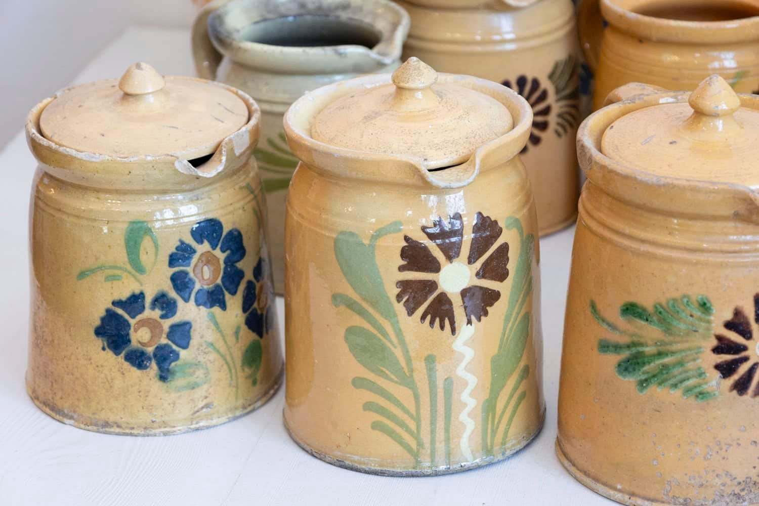 French 19th Century Terracotta Pottery Pitchers with Floral Décor - JAA