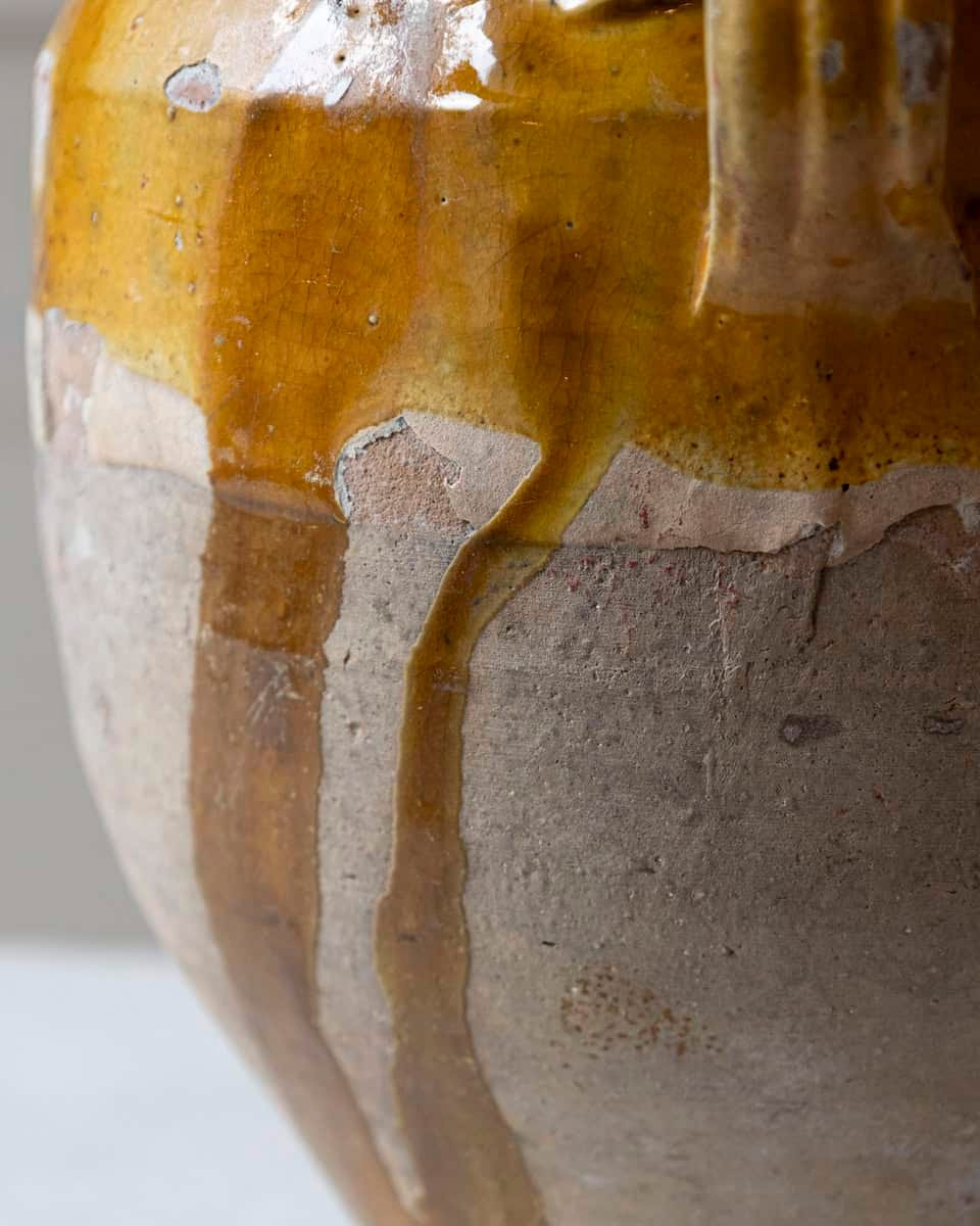 French 19th Century Glazed Terracotta Jug with Ochre Yellow Glaze - JAA