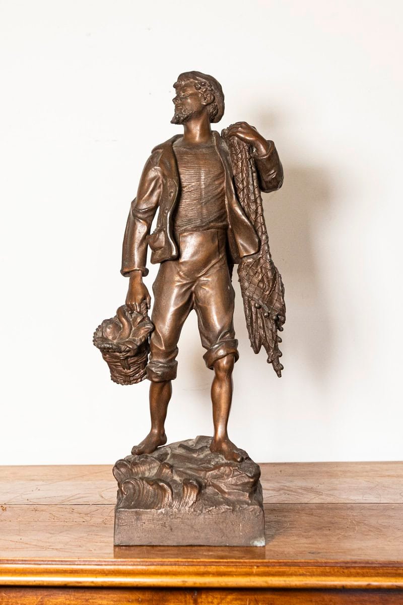 French 19th Century Patinated Bronze Statuette of a Fisherman with Net and Catch on Rocky Base - JAA