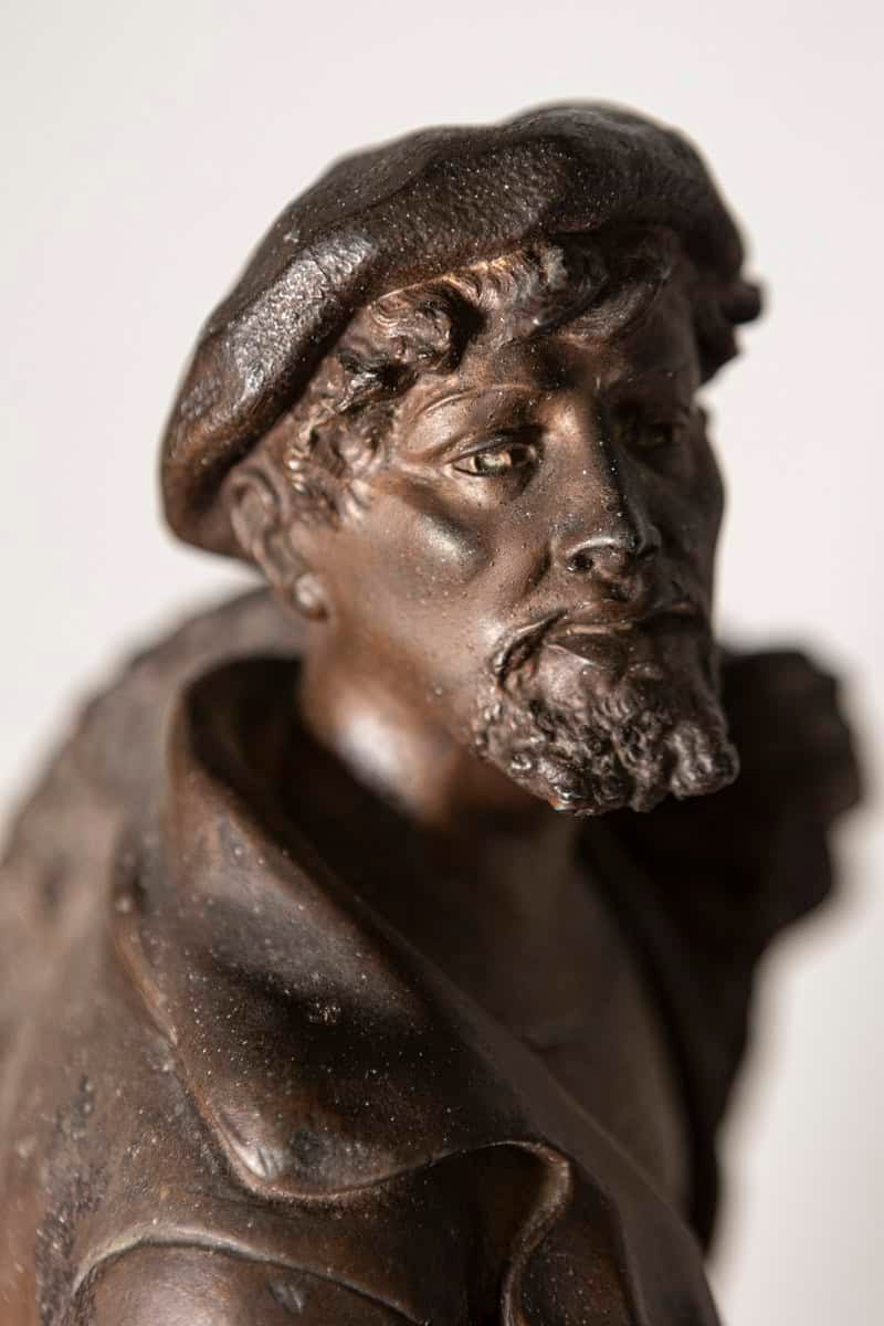 French 19th Century Patinated Bronze Statuette of a Fisherman with Net and Catch on Rocky Base - JAA