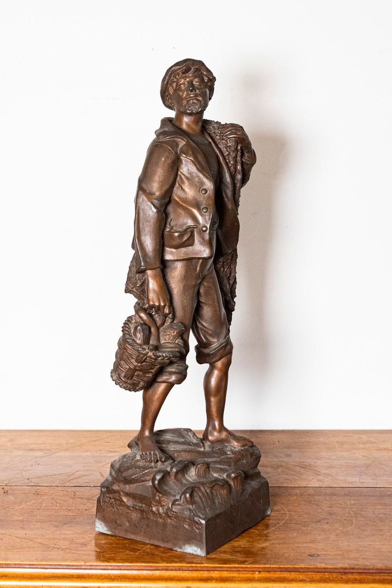 French 19th Century Patinated Bronze Statuette of a Fisherman with Net and Catch on Rocky Base - JAA