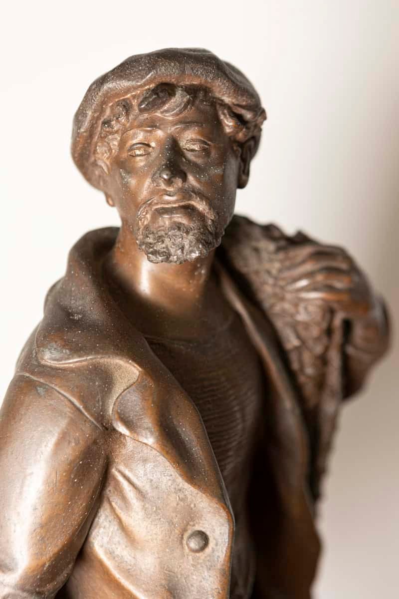 French 19th Century Patinated Bronze Statuette of a Fisherman with Net and Catch on Rocky Base - JAA