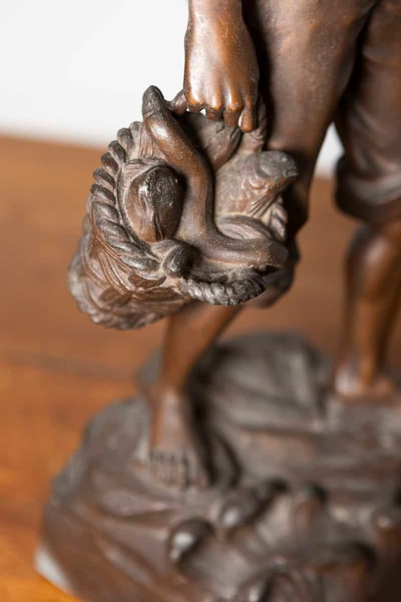 French 19th Century Patinated Bronze Statuette of a Fisherman with Net and Catch on Rocky Base - JAA