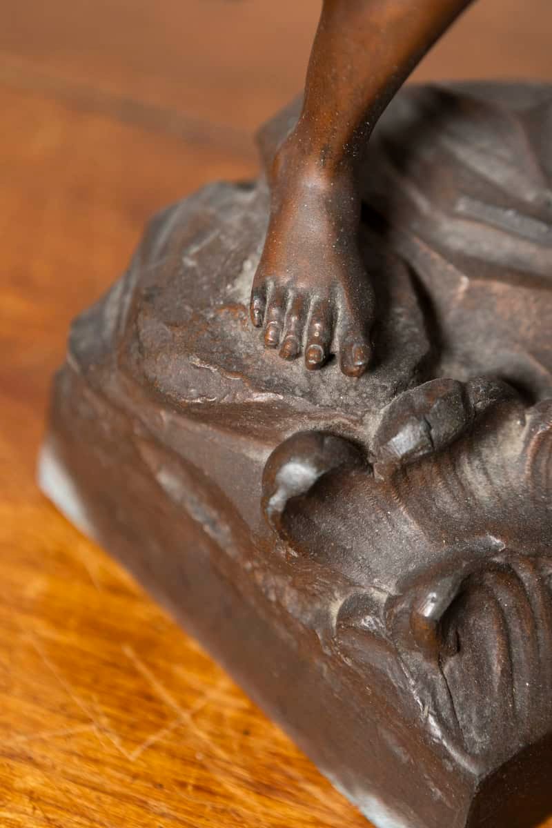 French 19th Century Patinated Bronze Statuette of a Fisherman with Net and Catch on Rocky Base - JAA