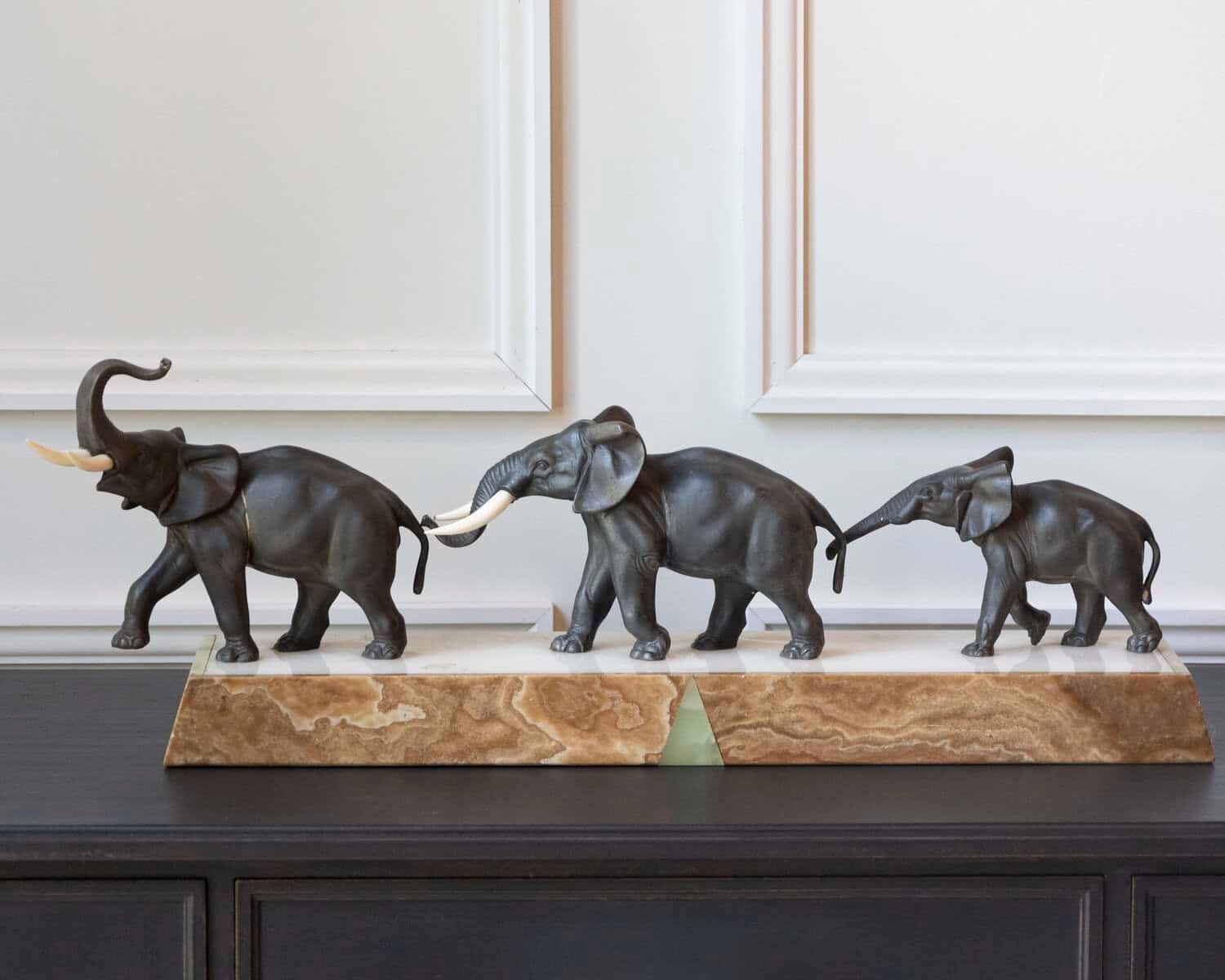 French 20th Century Patinated Bronze Sculpture of Three Walking Elephants on Rectangular Base - JAA