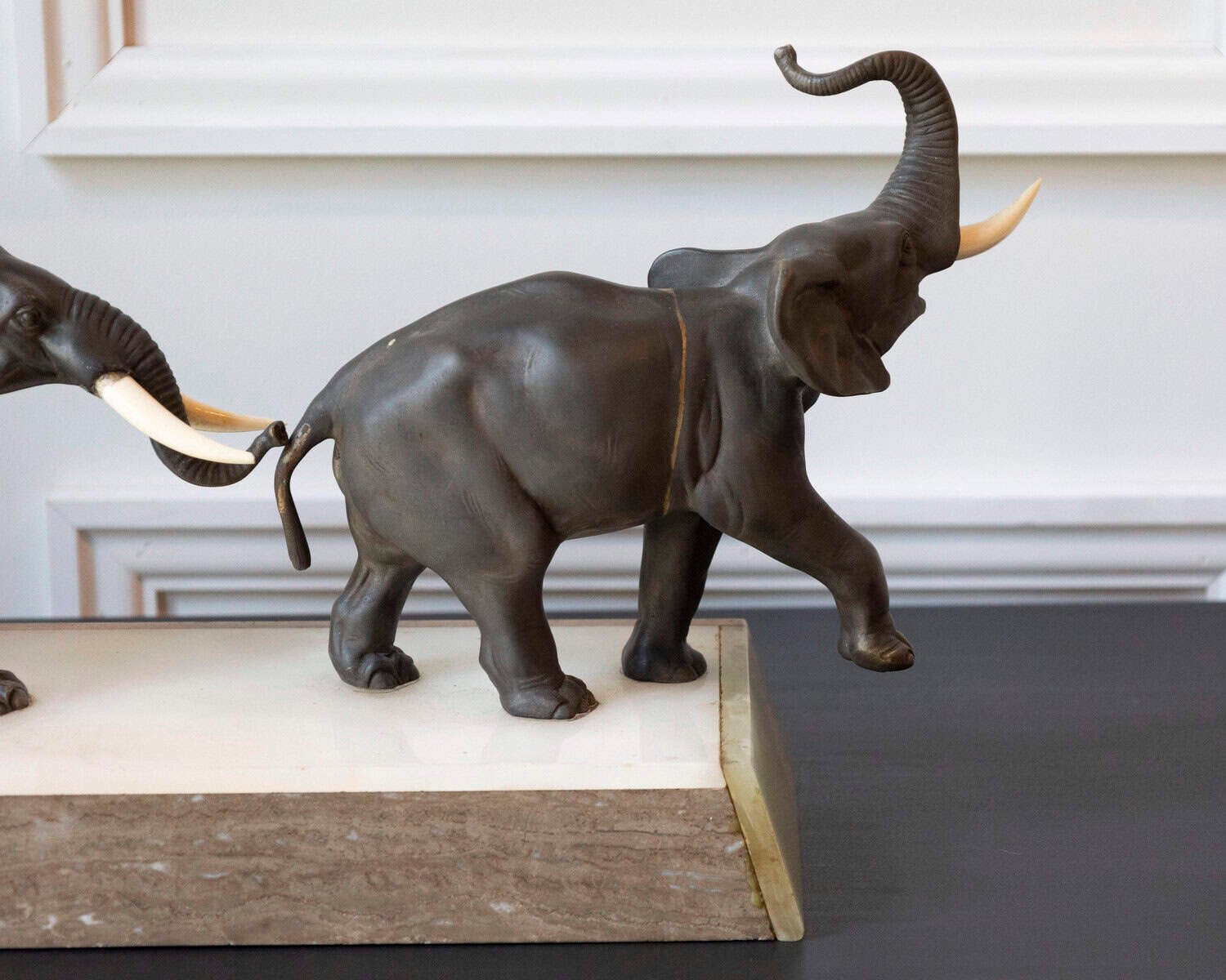 French 20th Century Patinated Bronze Sculpture of Three Walking Elephants on Rectangular Base - JAA
