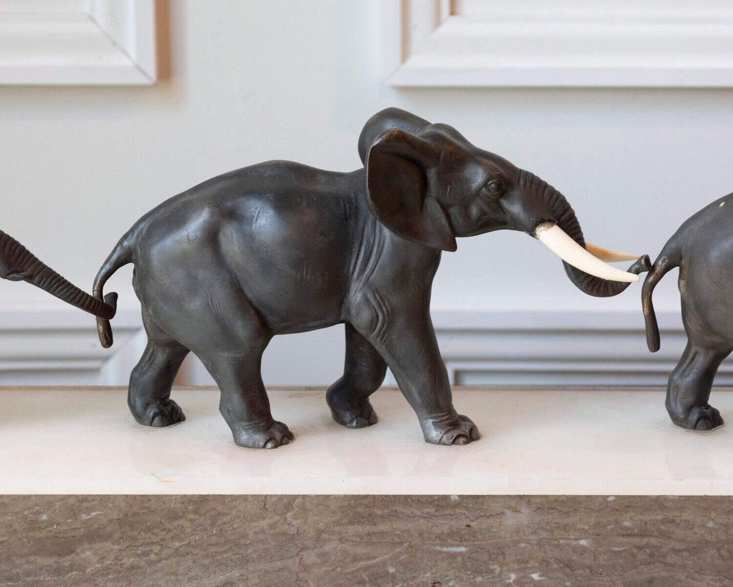 French 20th Century Patinated Bronze Sculpture of Three Walking Elephants on Rectangular Base - JAA