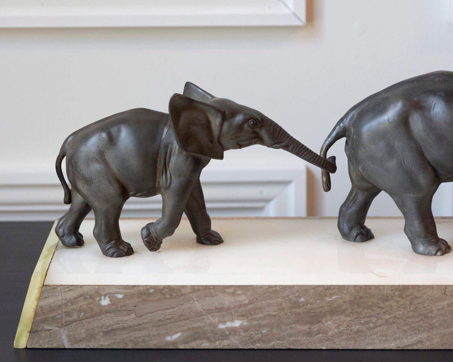 French 20th Century Patinated Bronze Sculpture of Three Walking Elephants on Rectangular Base - JAA