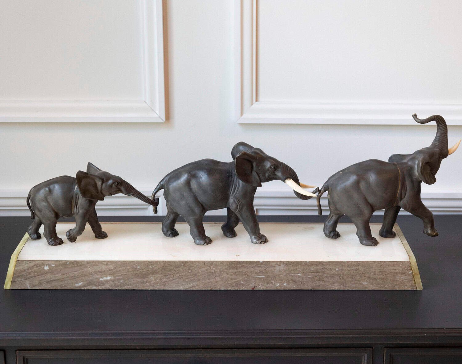 French 20th Century Patinated Bronze Sculpture of Three Walking Elephants on Rectangular Base - JAA