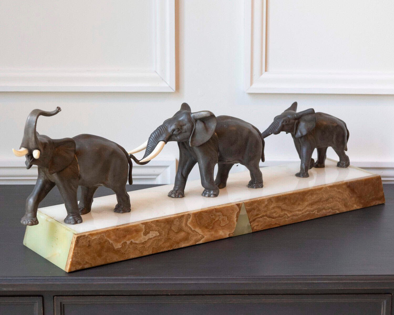 French 20th Century Patinated Bronze Sculpture of Three Walking Elephants on Rectangular Base - JAA