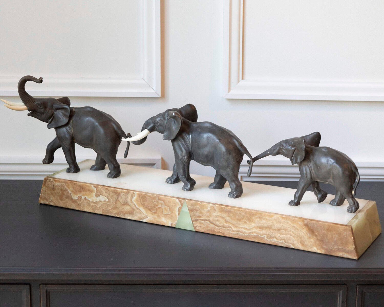 French 20th Century Patinated Bronze Sculpture of Three Walking Elephants on Rectangular Base - JAA