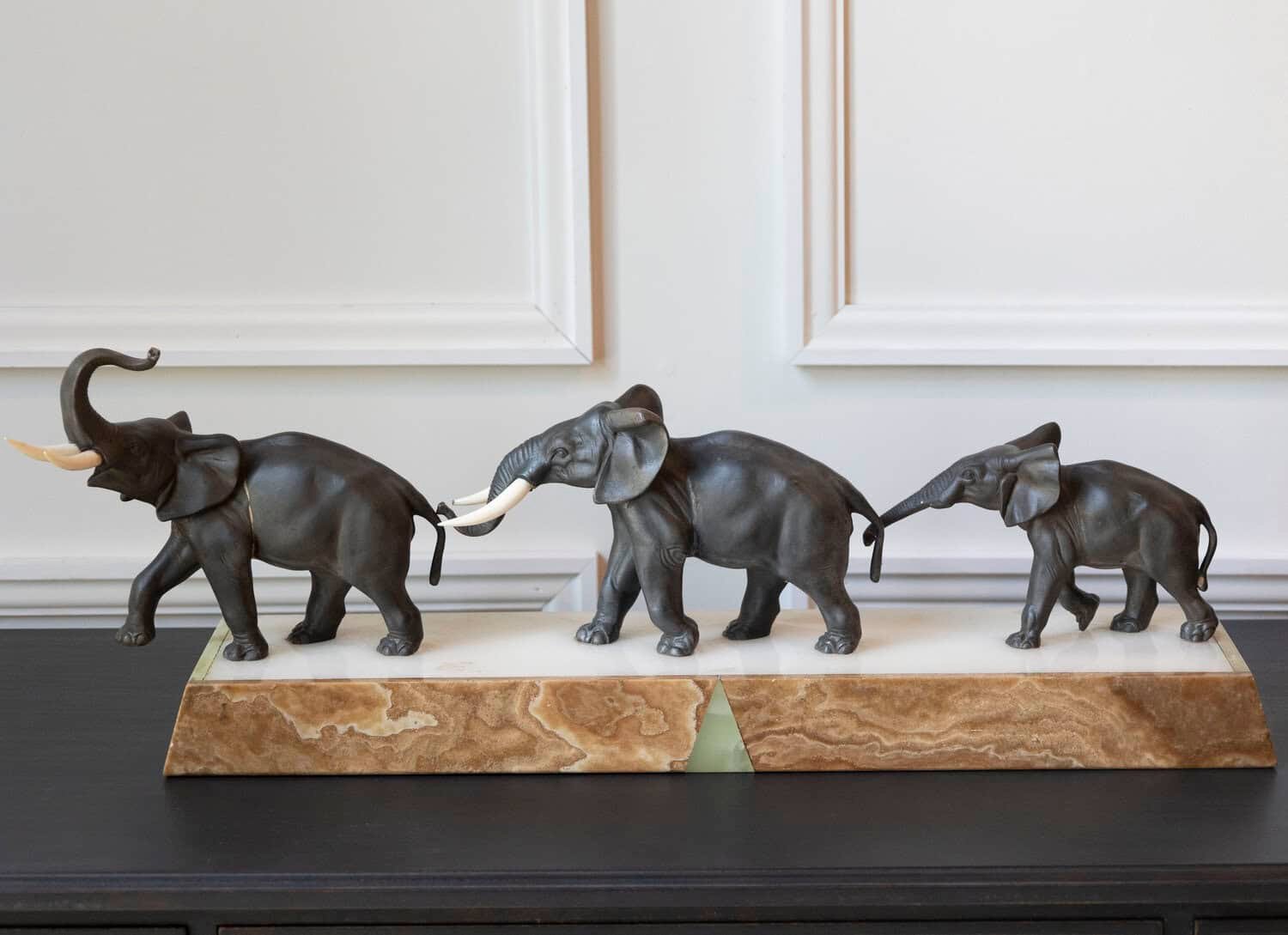 French 20th Century Patinated Bronze Sculpture of Three Walking Elephants on Rectangular Base - JAA