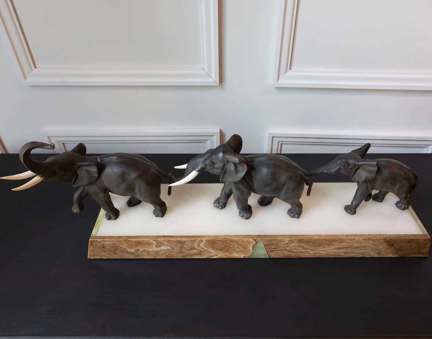 French 20th Century Patinated Bronze Sculpture of Three Walking Elephants on Rectangular Base - JAA