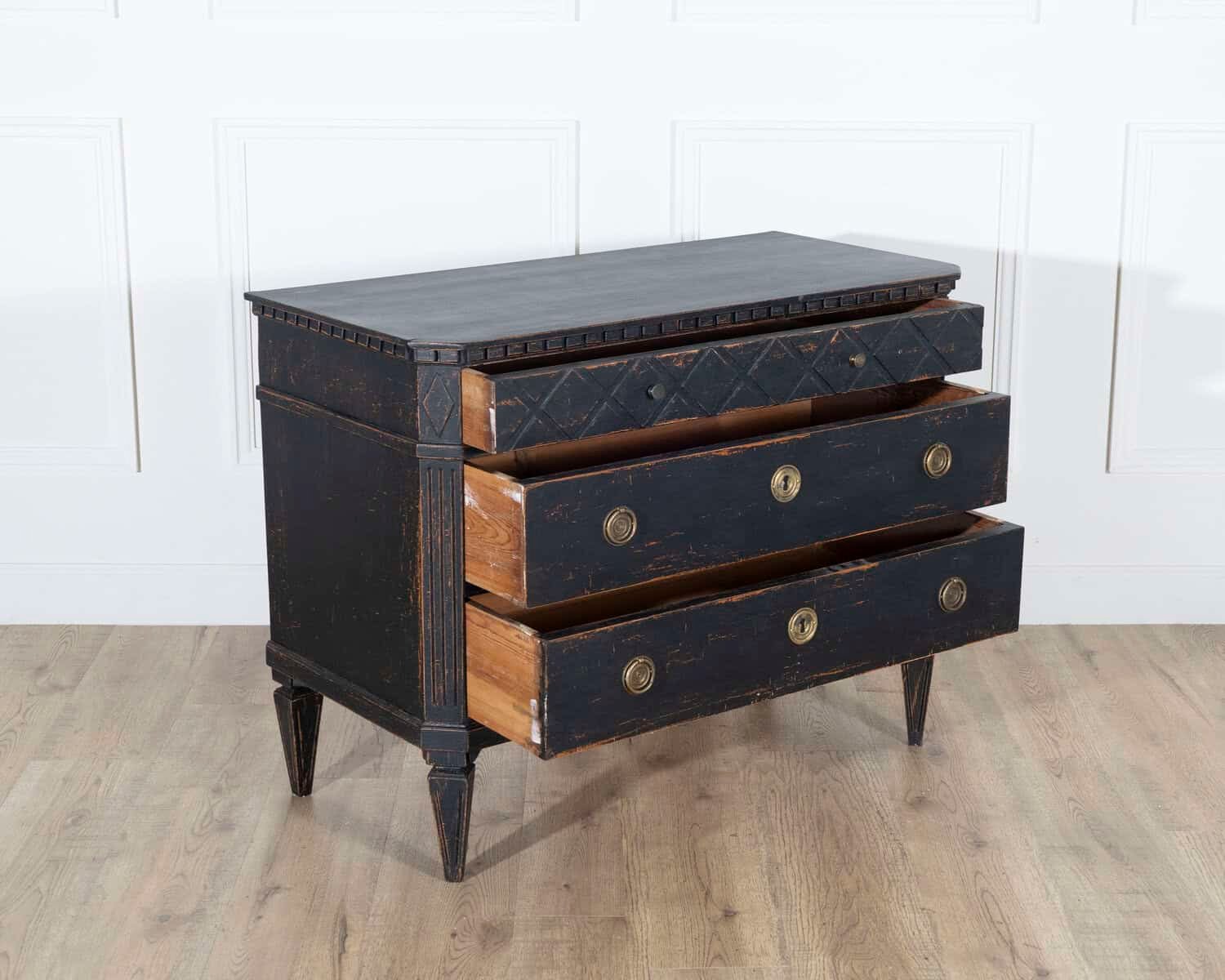 Swedish 20th Century Black-Painted Commodes with Brass Hardware, Pair - JAA