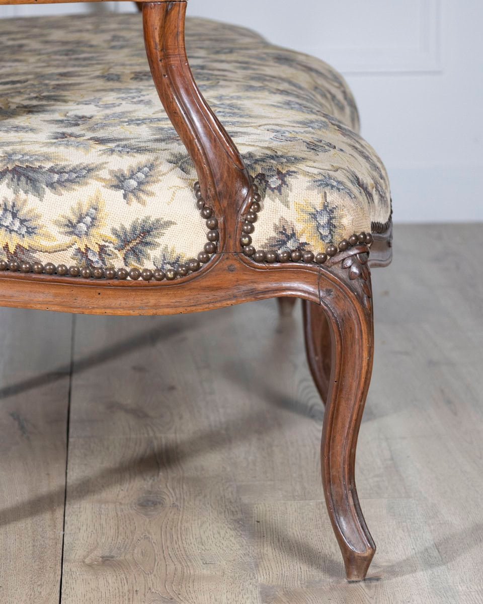 18th Century Louis XV Period Walnut Sofa with Floral Carvings and Tapestry Upholstery - JAA
