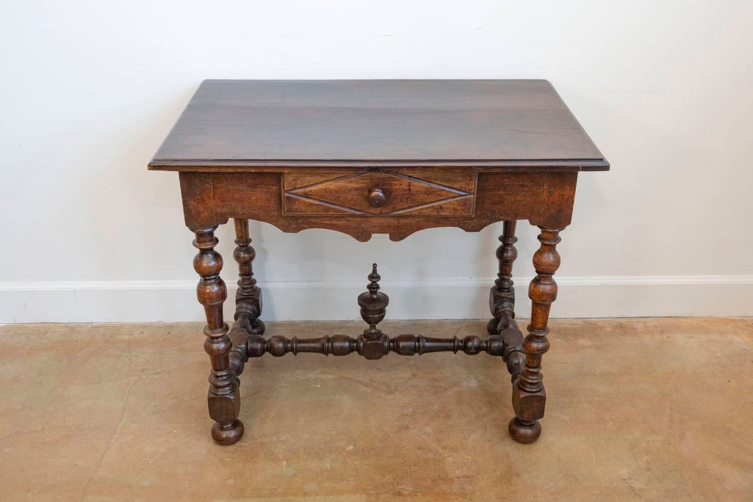 French Louis XIII Period Walnut Side Table with Baluster Legs and Carved Finial - JAA