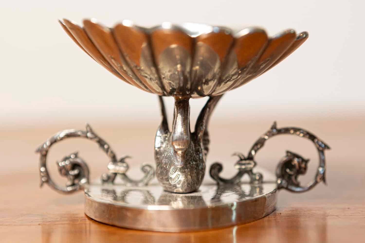 French 19th Century Silver Swan Sculpture with Shell-Form Dish and Scrollwork Base - JAA
