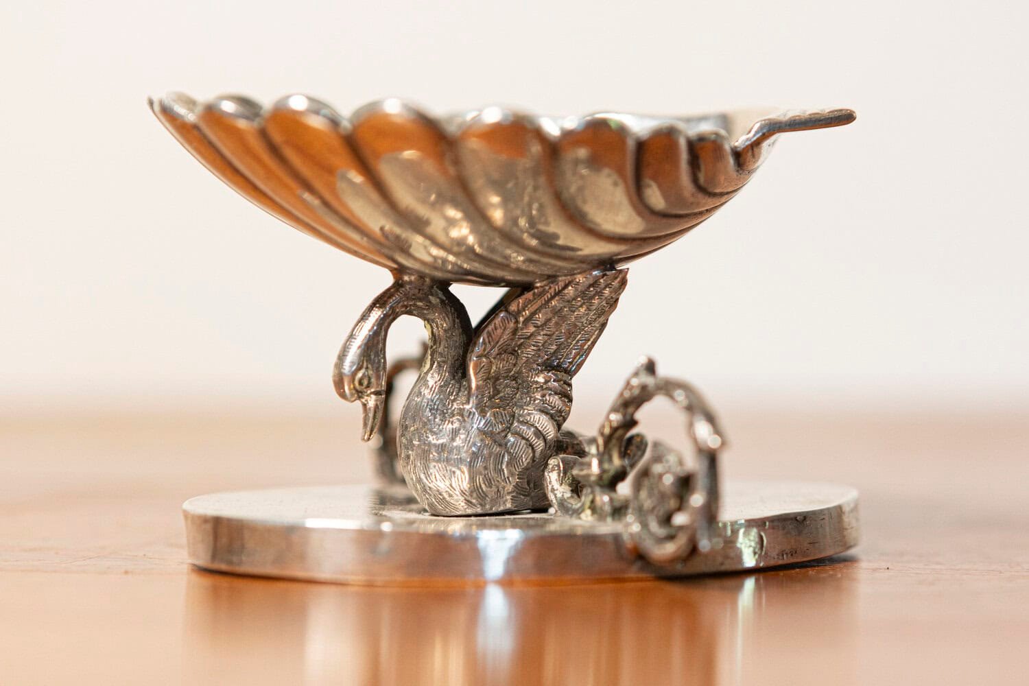 French 19th Century Silver Swan Sculpture with Shell-Form Dish and Scrollwork Base - JAA