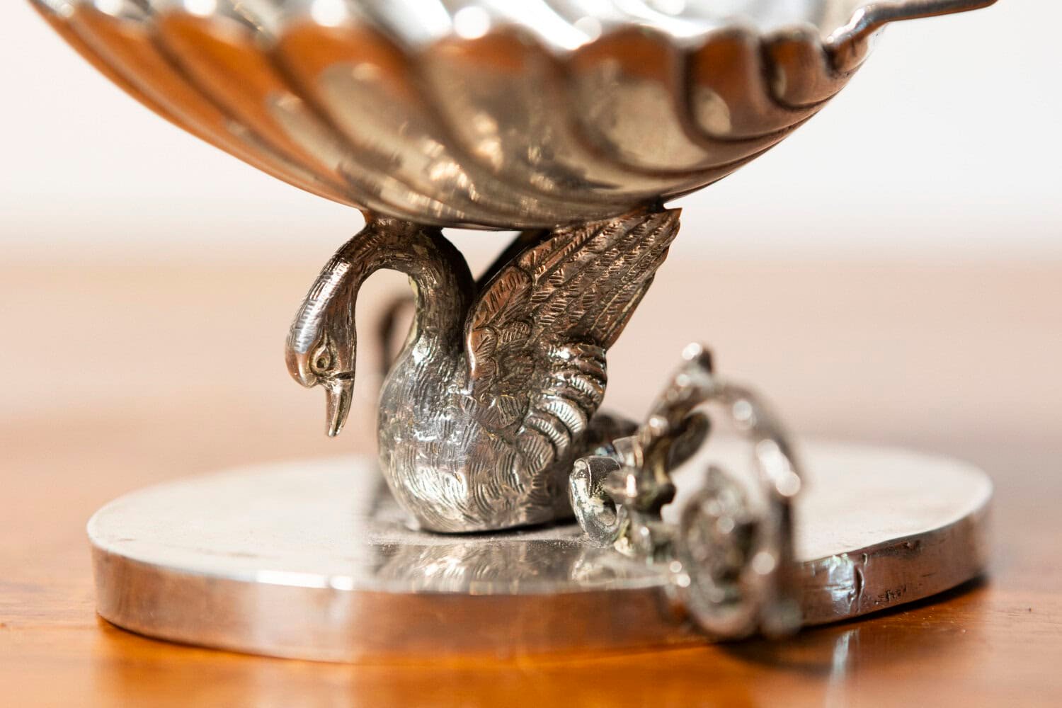 French 19th Century Silver Swan Sculpture with Shell-Form Dish and Scrollwork Base - JAA