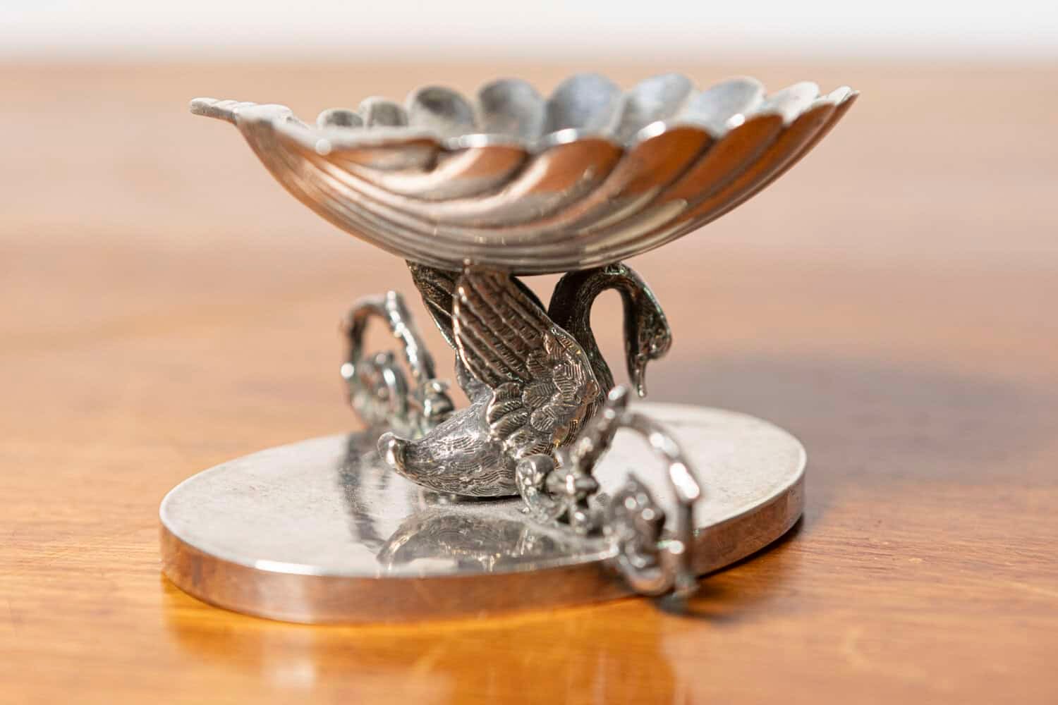 French 19th Century Silver Swan Sculpture with Shell-Form Dish and Scrollwork Base - JAA
