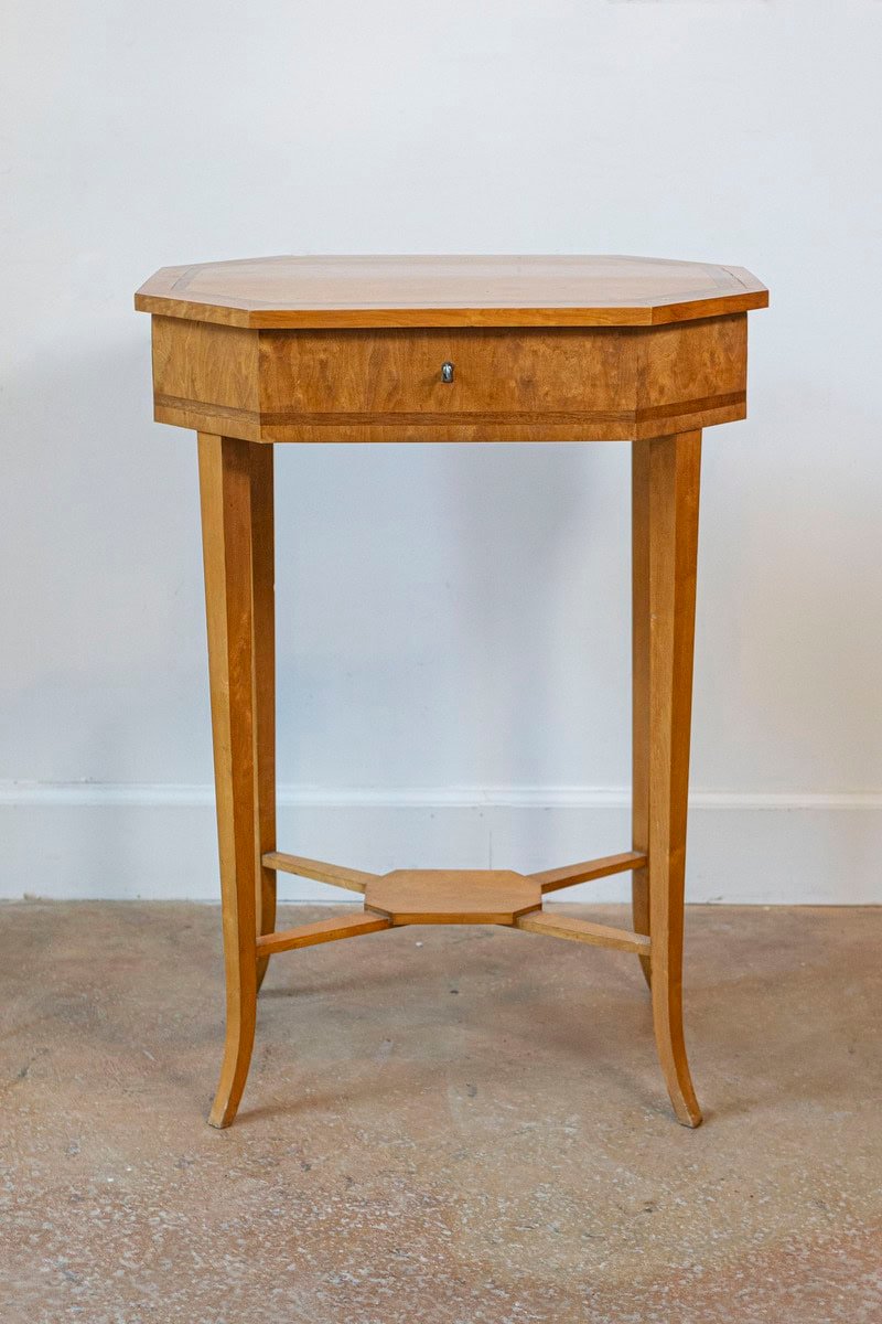 English Turn of the Century 1900s Octagonal Top Birchwood Work Table - JAA