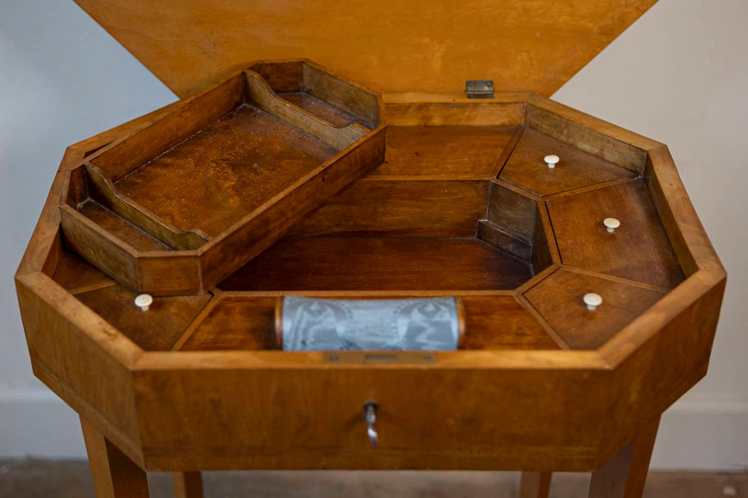 English Turn of the Century 1900s Octagonal Top Birchwood Work Table - JAA