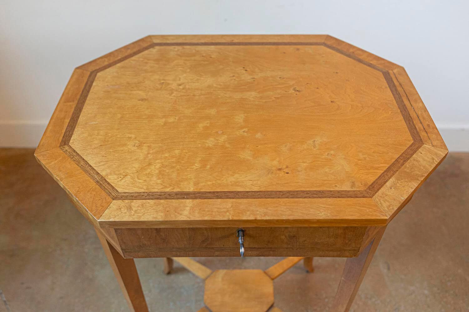 English Turn of the Century 1900s Octagonal Top Birchwood Work Table - JAA