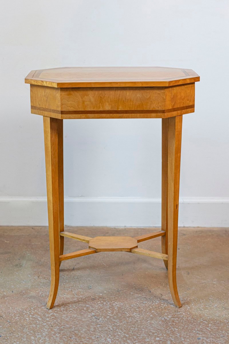 English Turn of the Century 1900s Octagonal Top Birchwood Work Table - JAA
