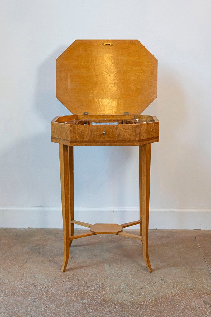 English Turn of the Century 1900s Octagonal Top Birchwood Work Table - JAA