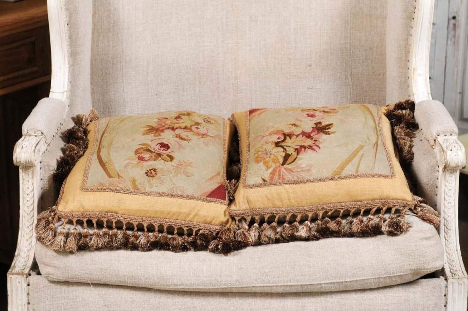 Pair of French 19th Century Aubusson Tapestry Pillows with Roses and Tassels - JAA