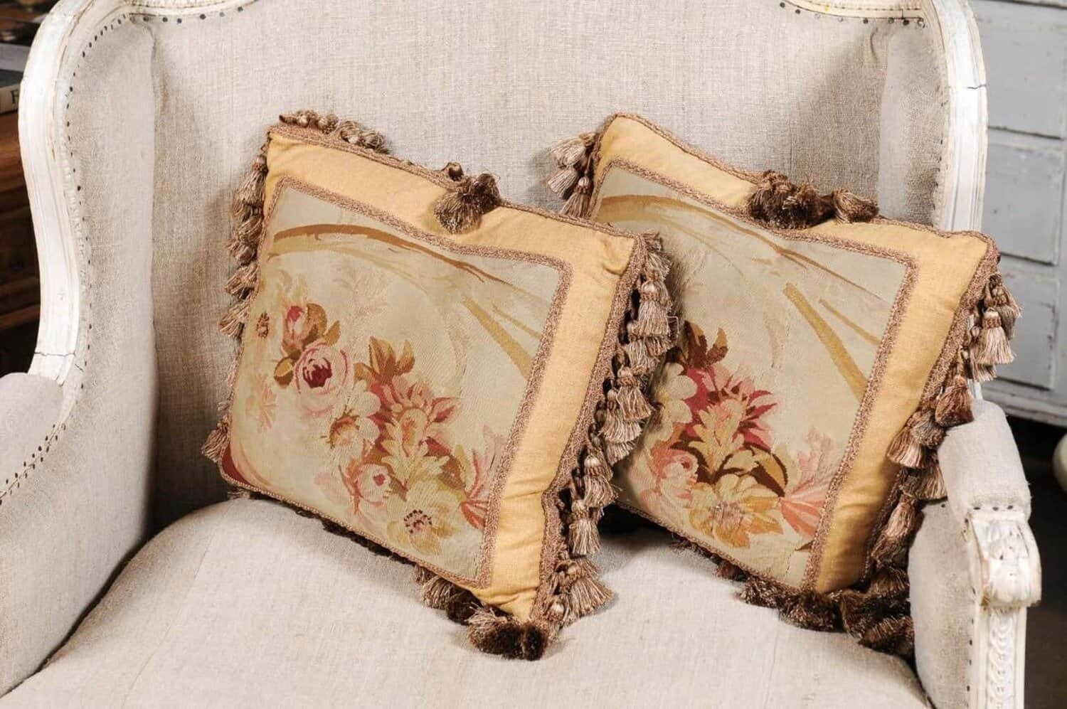 Pair of French 19th Century Aubusson Tapestry Pillows with Roses and Tassels - JAA