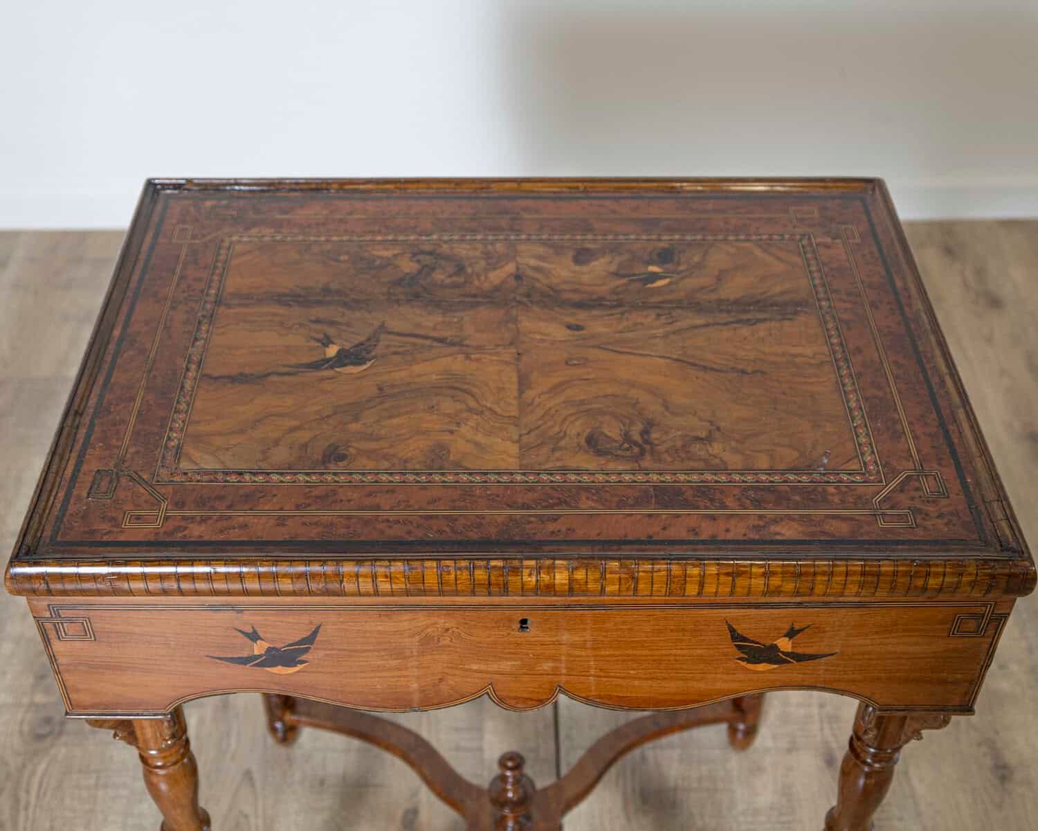 Tuscan Inlaid Walnut Side Table with Swallow Motif, Late 19th Century - JAA
