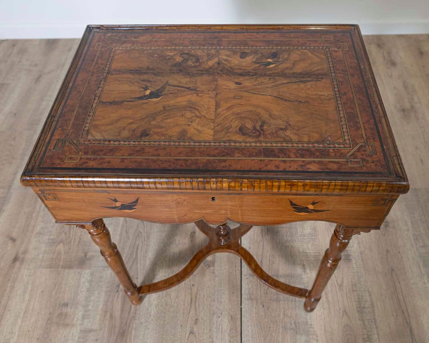Tuscan Inlaid Walnut Side Table with Swallow Motif, Late 19th Century - JAA